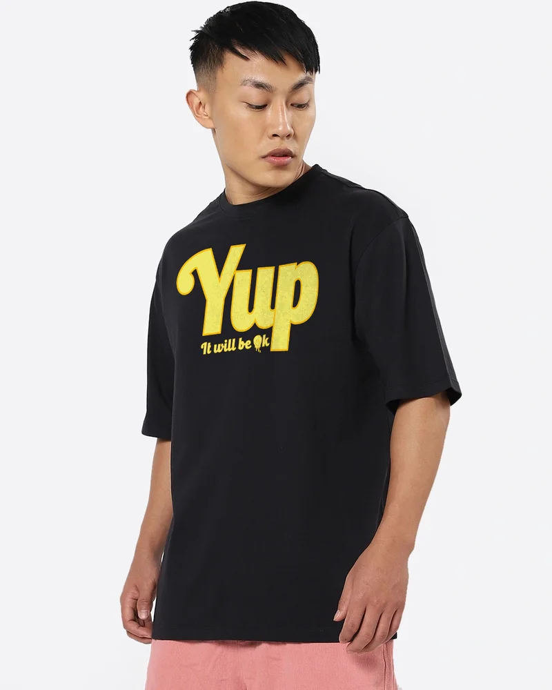 بيواكوف Men's Black Yup It Will Be Ok Typography Oversized T-shirt